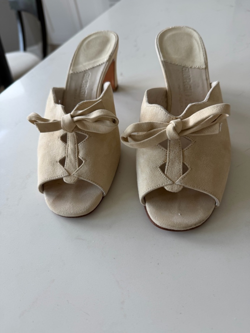 Giorgio Armani Beige Suede Open-Toe Knot Mules - Women